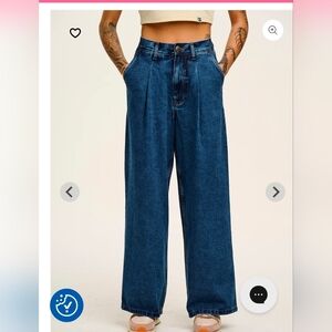 Lucy & Yak Wide Leg Flare Jeans in Dark Blue Denim